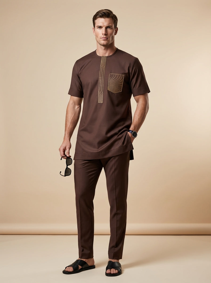 DerightFS Men’s Luxury Brown Senator Wear Set – Short Sleeve African Traditional Outfit with Embroidered Detail | Modern Kaftan & Trouser Set
