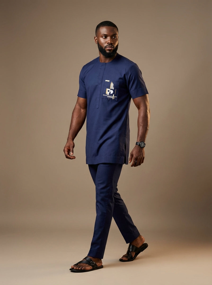 DerightFS Luxury Navy Blue Men’s Traditional Two-Piece Outfit – Modern Short Sleeve African Kaftan & Slim Fit Trousers Set