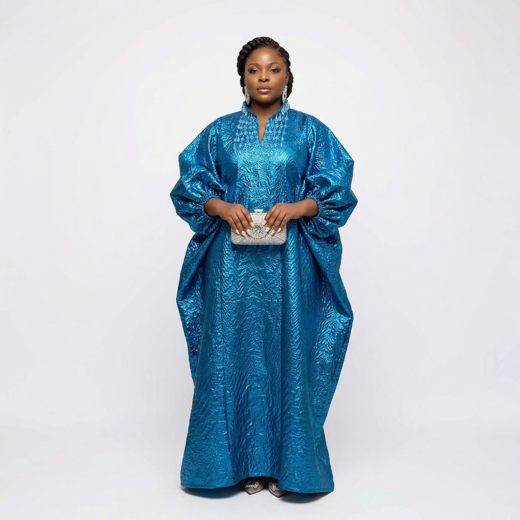 DerightFS Luxury Blue African Boubou Kaftan Dress for Women – Elegant Nigerian Traditional Maxi Kaftan, Flowing One-Size African Party & Occasion Outfit