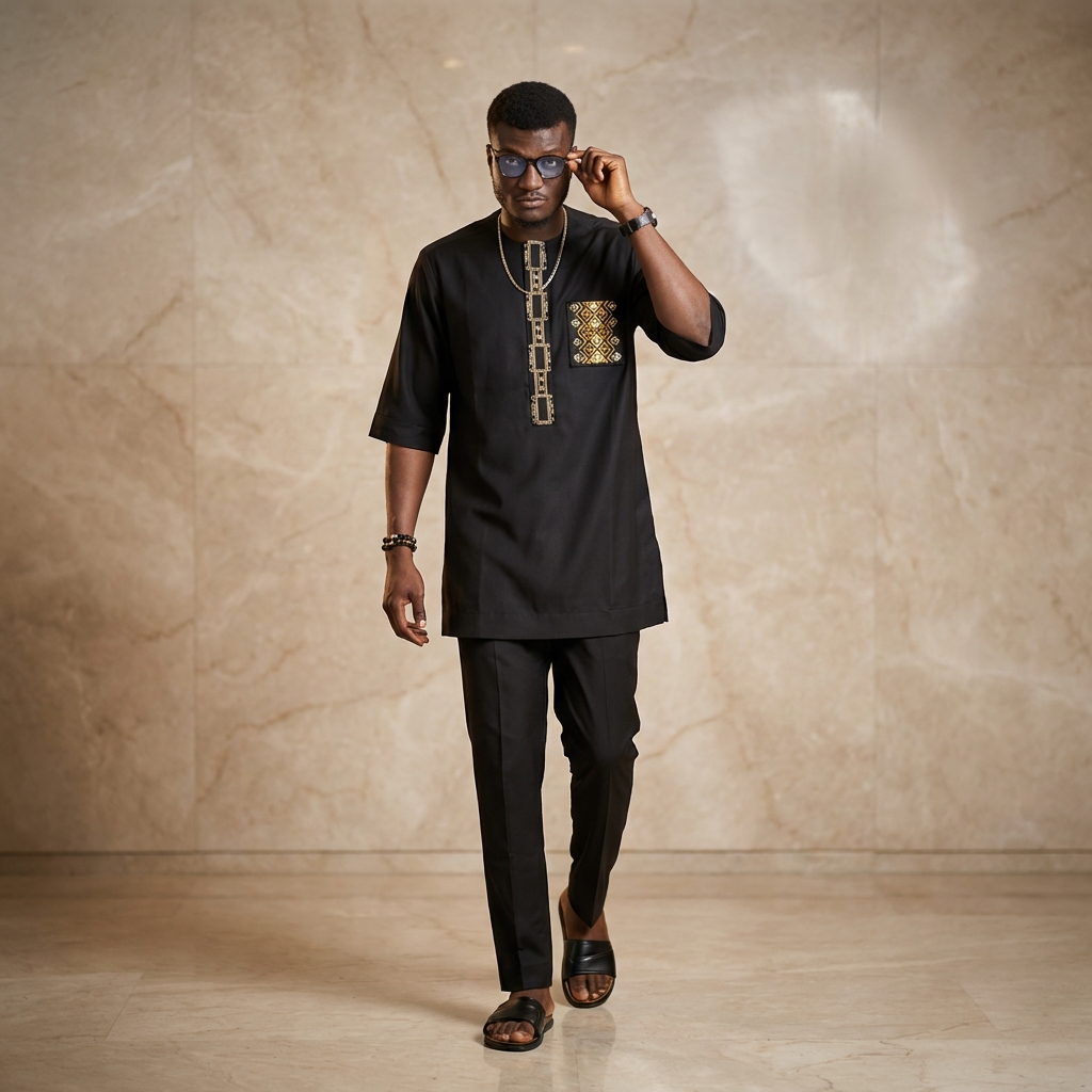Men’s Black African Senator Outfit – Embroidered Kaftan & Trousers 2 Piece Set | Traditional Agbada Style Wedding & Formal Wear