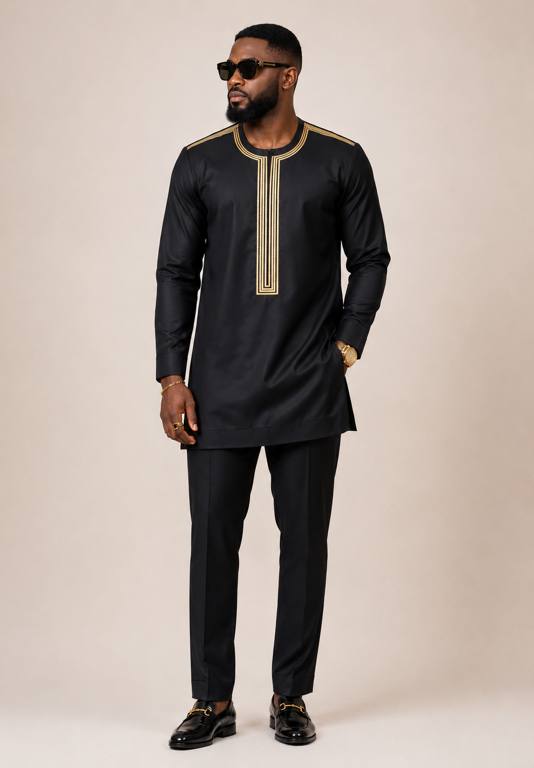 Men's Black Gold Embroidered Kaftan Two-Piece | Long Sleeve African Senator Set | Ready to Wear
