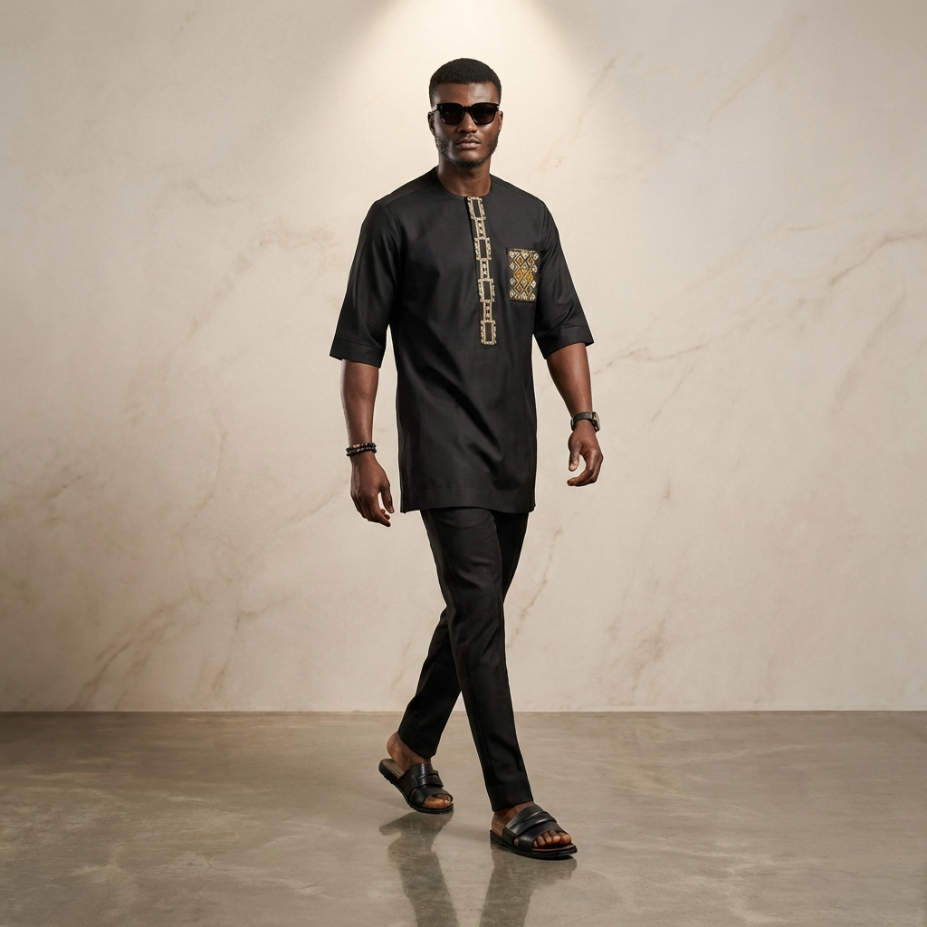 Men’s Black African Senator Outfit – Embroidered Kaftan & Trousers 2 Piece Set | Traditional Agbada Style Wedding & Formal Wear