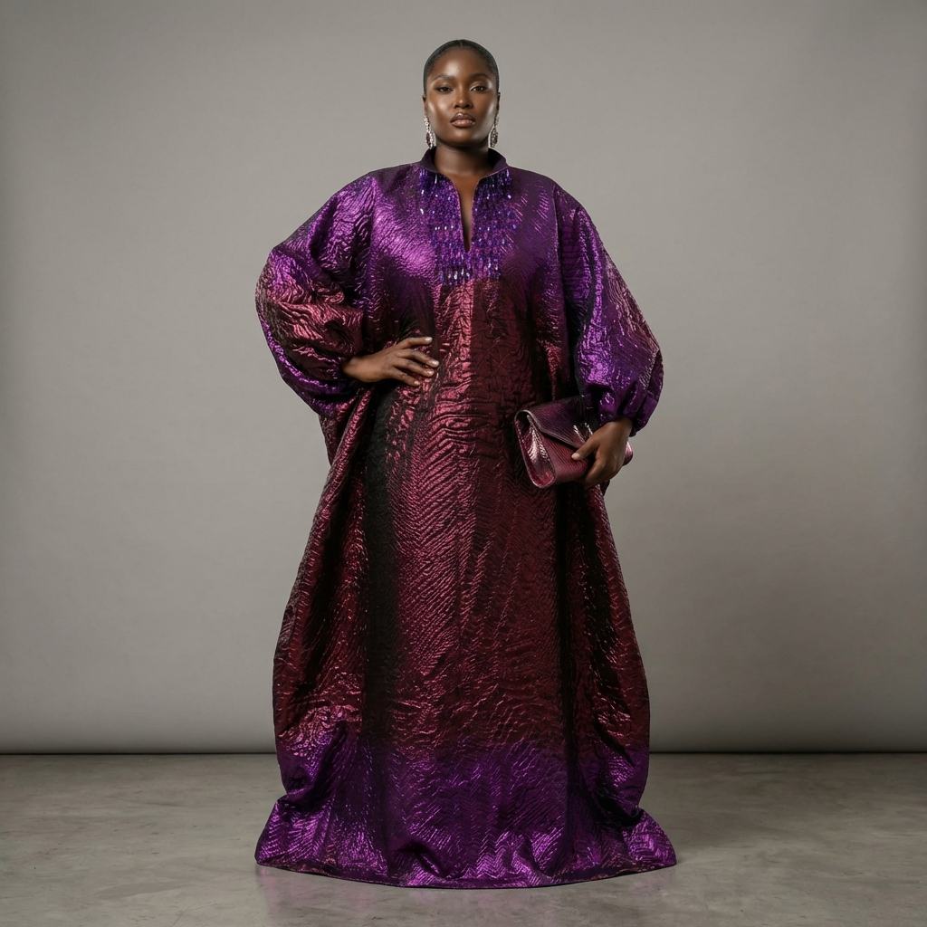 DerightFS Luxury Nigerian African Bubu Kaftan Maxi Dress – Metallic Purple Statement Evening Gown, Elegant Plus Size Formal Party & Wedding Wear for Women (One Size Fits)