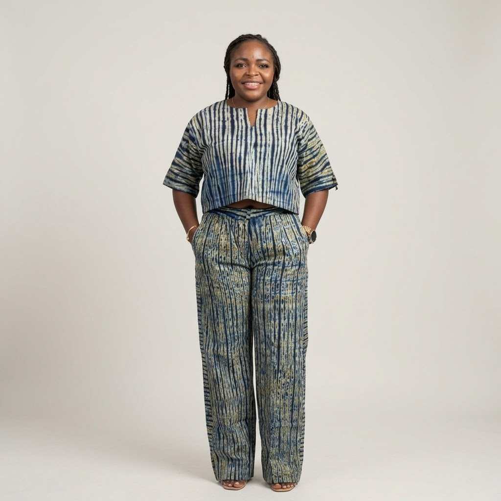 Women's Adire Shibori Print Two-Piece Co-ord Set | Crop Top & Wide Leg Trousers | Ready to Wear | UK Next-Day Delivery