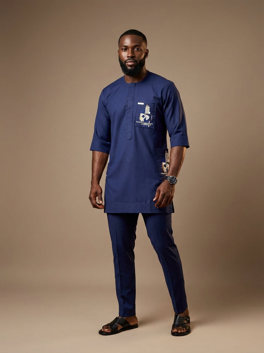 DerightFS Luxury Navy Blue Men’s Traditional Two-Piece Outfit – Modern Short Sleeve African Kaftan & Slim Fit Trousers Set