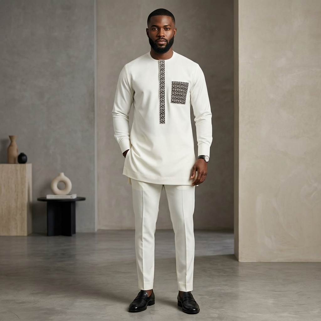Men’s Ivory Senator Kaftan Set with Patterned Flap & Pocket | Luxury African Traditional Wear | Wedding & Occasion Outfit – DerightFS
