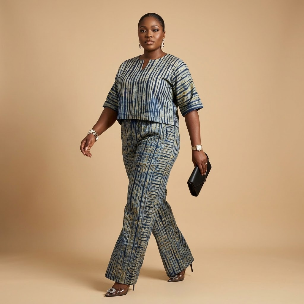 Women's Adire Shibori Print Two-Piece Co-ord Set | Crop Top & Wide Leg Trousers | Ready to Wear | UK Next-Day Delivery