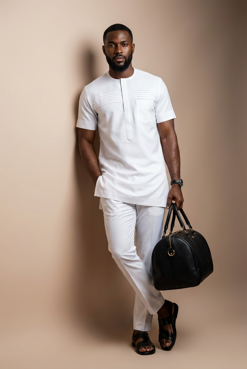 DerightFS Luxury White Men’s Traditional Two-Piece Outfit – Modern African Short Sleeve Kaftan Top & Slim Fit Trousers Set