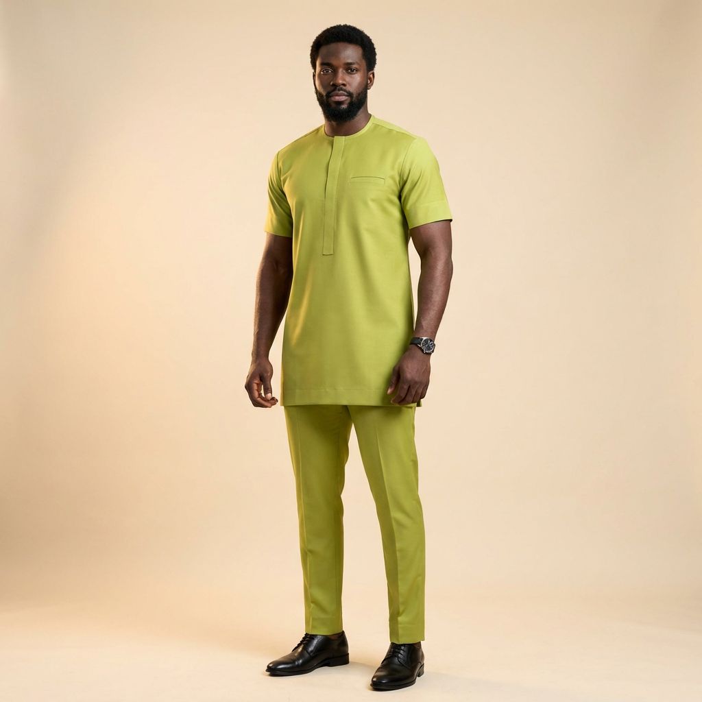 DerightFS Men’s Luxury Lime Green Senator Wear Set – Modern African Kaftan & Slim-Fit Trouser Outfit