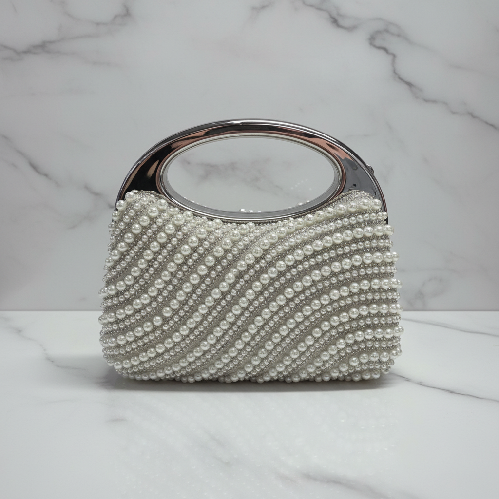 Luxury Beaded Evening Clutch Bag for Women – Pearl & Rhinestone Handbag with Metal Handle, Wedding Party Cocktail Purse