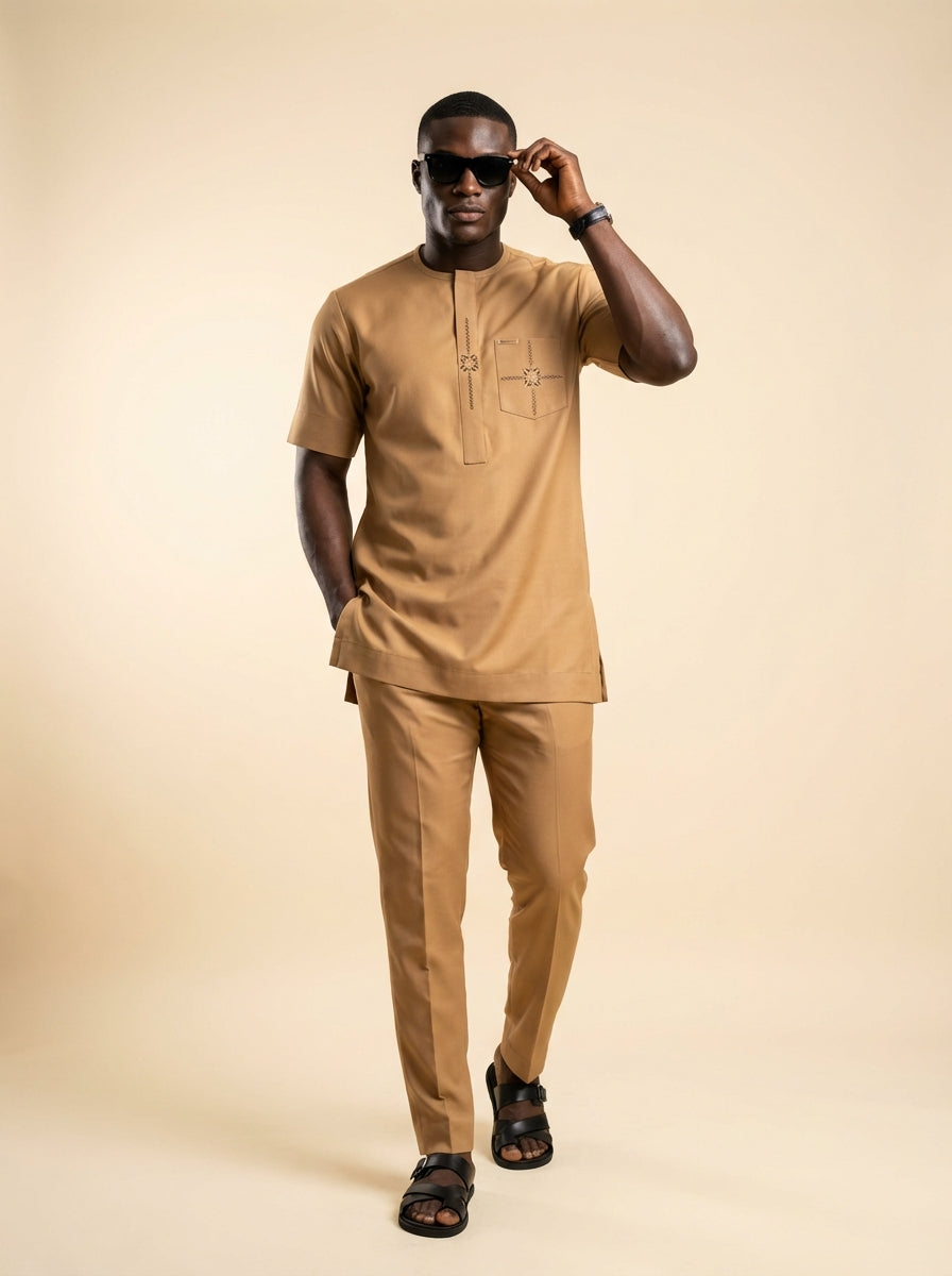 DerightFS Men’s Luxury Camel Kaftan Set – Premium African Senator Traditional Two-Piece Outfit with Embroidery