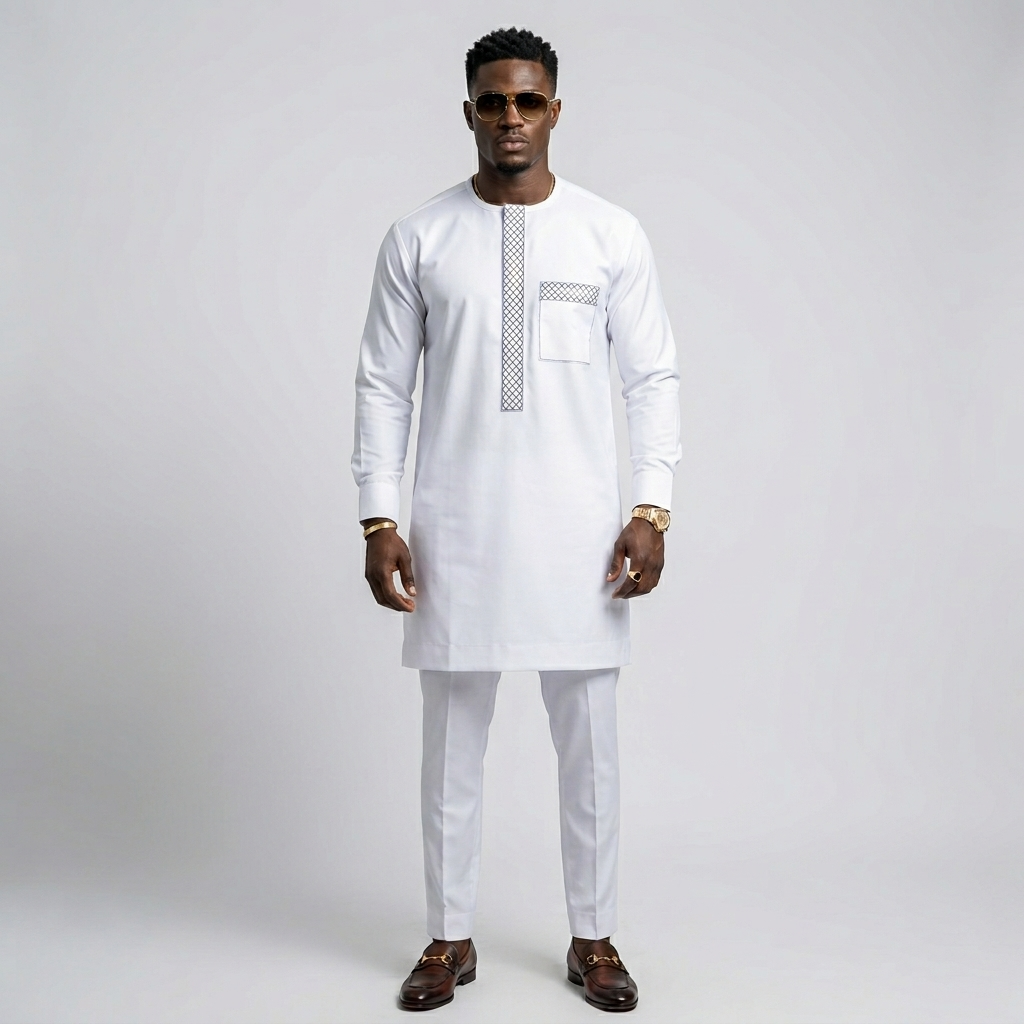 White Senator Kaftan Set – Men's Embroidered African Two-Piece Outfit | Deright Fashion Store