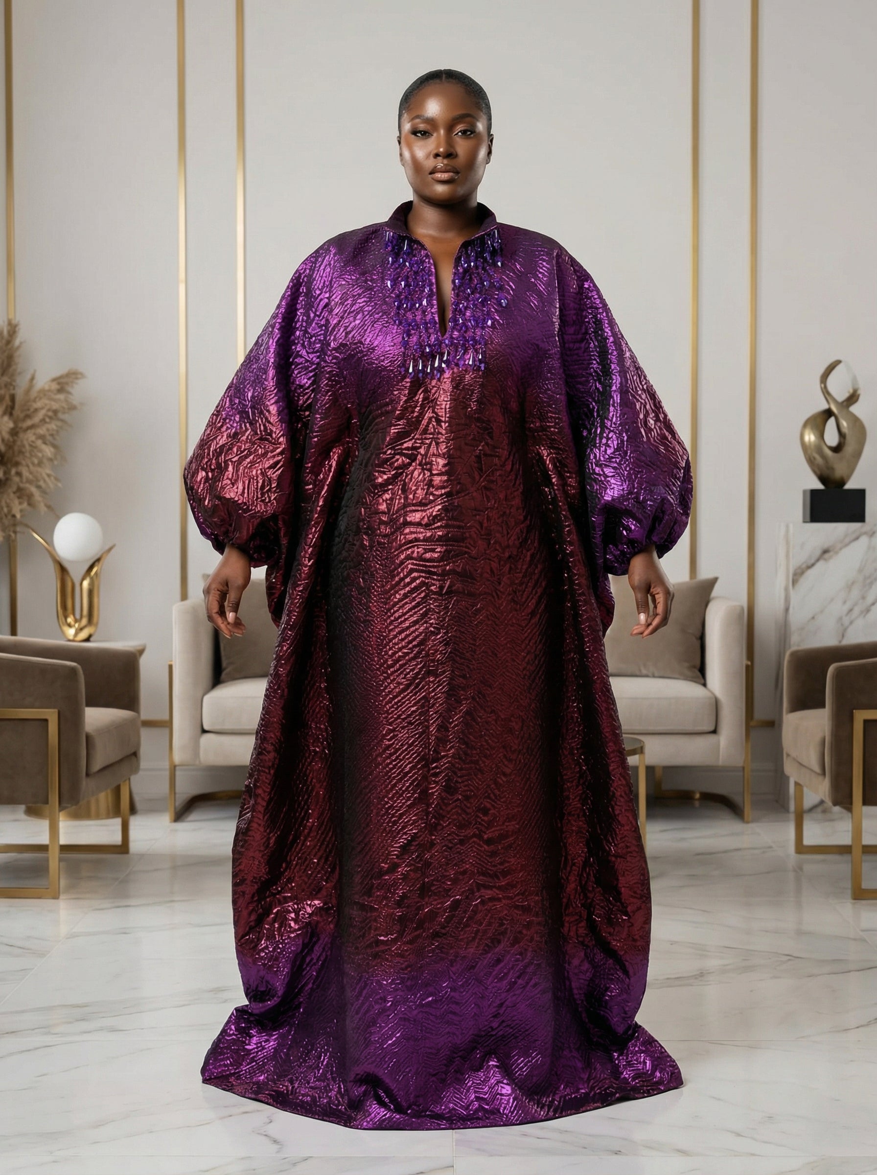 DerightFS Luxury Nigerian African Bubu Kaftan Maxi Dress – Metallic Purple Statement Evening Gown, Elegant Plus Size Formal Party & Wedding Wear for Women (One Size Fits)