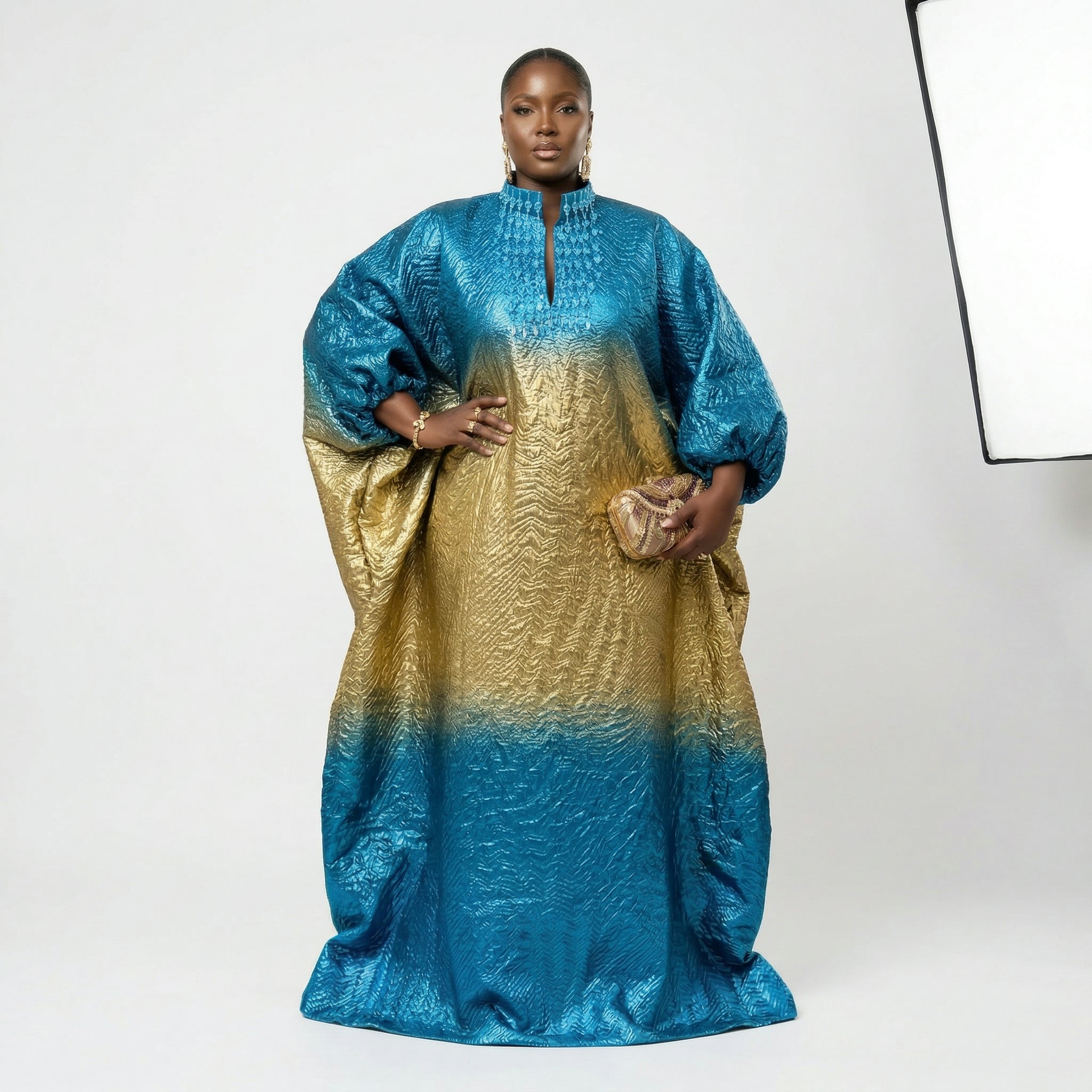 DerightFS Luxury African Nigerian Bubu / Boubou Kaftan Dress for Women – Blue & Gold African Maxi Kaftan (Regular & Plus Size UK 8–24) Adjustable Rope Fit, Elegant Traditional Party & Occasion Wear