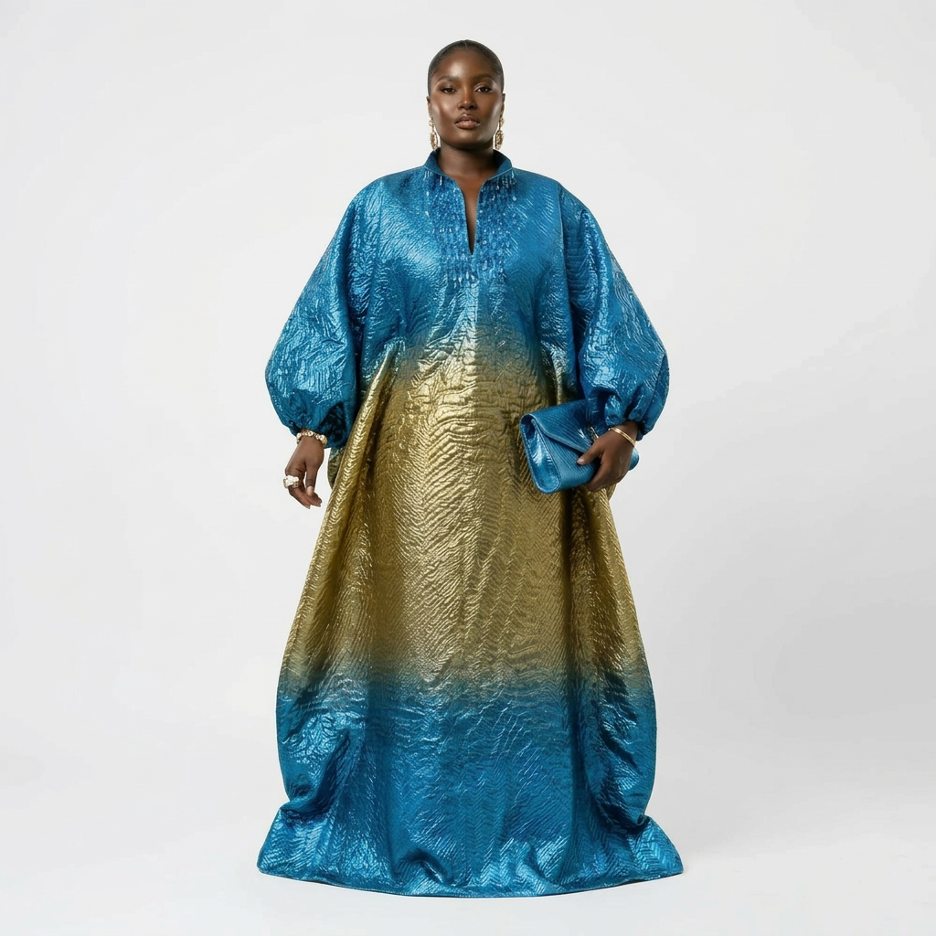 DerightFS Luxury African Nigerian Bubu / Boubou Kaftan Dress for Women – Blue & Gold African Maxi Kaftan (Regular & Plus Size UK 8–24) Adjustable Rope Fit, Elegant Traditional Party & Occasion Wear