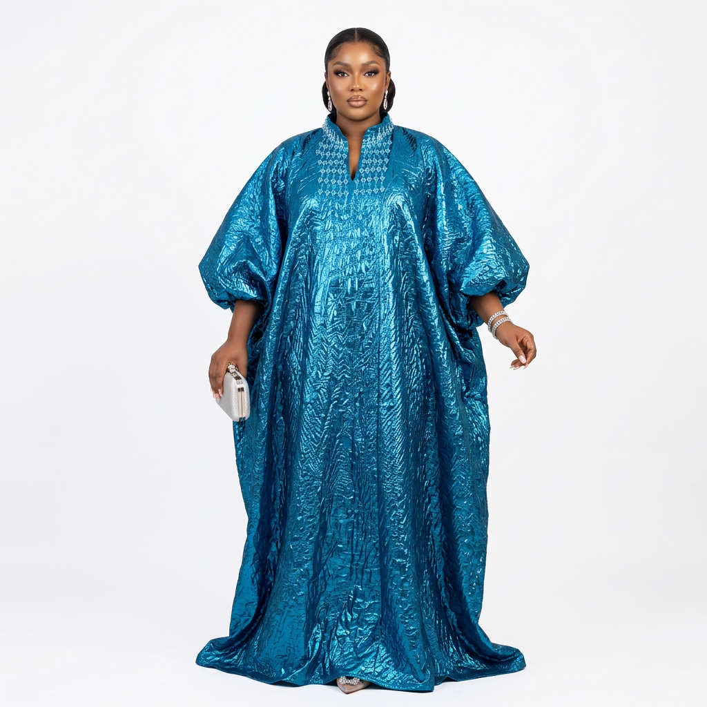 DerightFS Luxury Blue African Boubou Kaftan Dress for Women – Elegant Nigerian Traditional Maxi Kaftan, Flowing One-Size African Party & Occasion Outfit