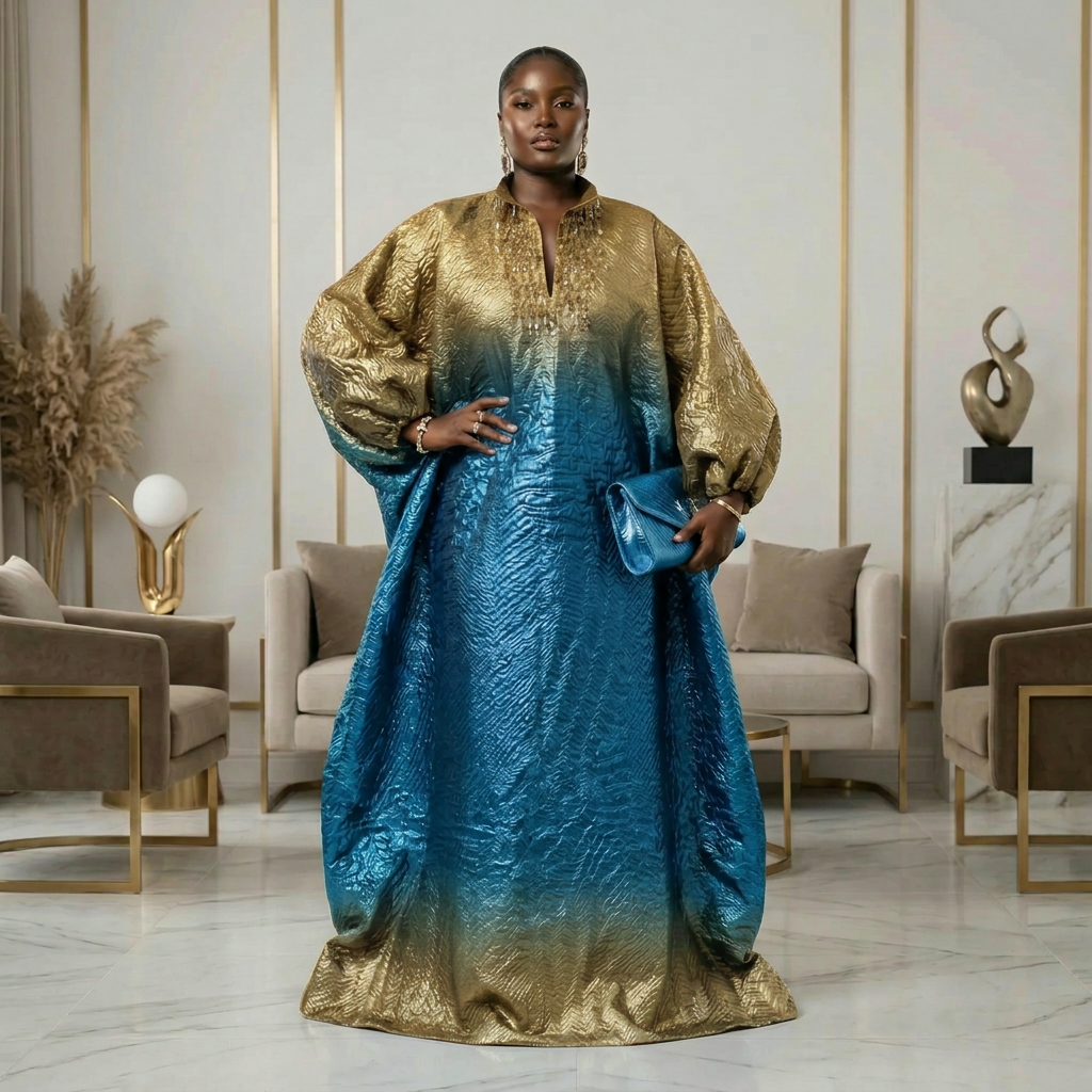 DerightFS Luxury African Nigerian Bubu / Boubou Kaftan Dress for Women – Blue & Gold African Maxi Kaftan (Regular & Plus Size UK 8–24) Adjustable Rope Fit, Elegant Traditional Party & Occasion Wear