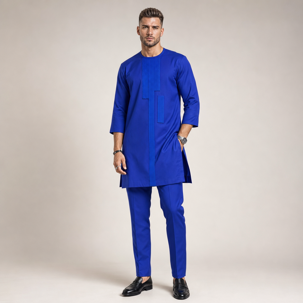 Men's Royal Blue Embroidered Senator Two-Piece Set | African Occasion Wear UK | DerightFS