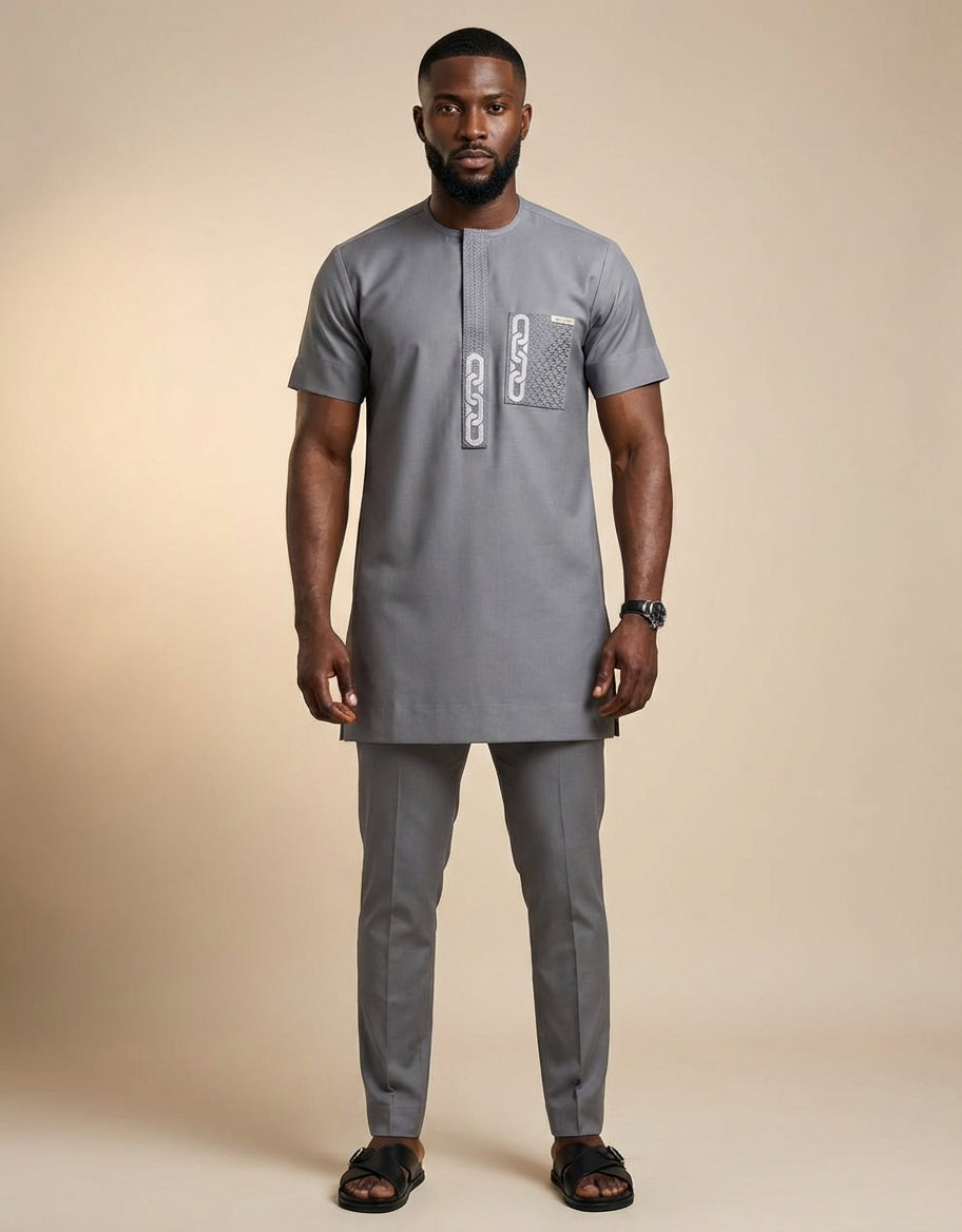 DerightFS Men’s Luxury Grey Senator Wear Set – Modern African Traditional Kaftan & Slim-Fit Trouser Outfit