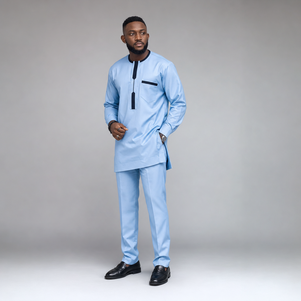 Men's Sky Blue Senator Two-Piece Set | Navy Trim African Occasion Wear UK | DerightFS