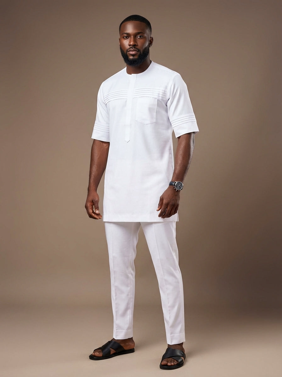 DerightFS Luxury White Men’s Traditional Two-Piece Outfit – Modern African Short Sleeve Kaftan Top & Slim Fit Trousers Set