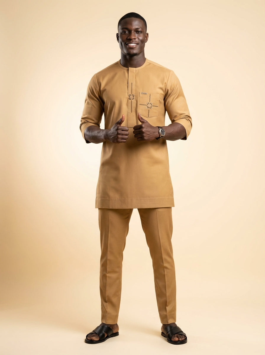 DerightFS Men’s Luxury Camel Kaftan Set – Premium African Senator Traditional Two-Piece Outfit with Embroidery