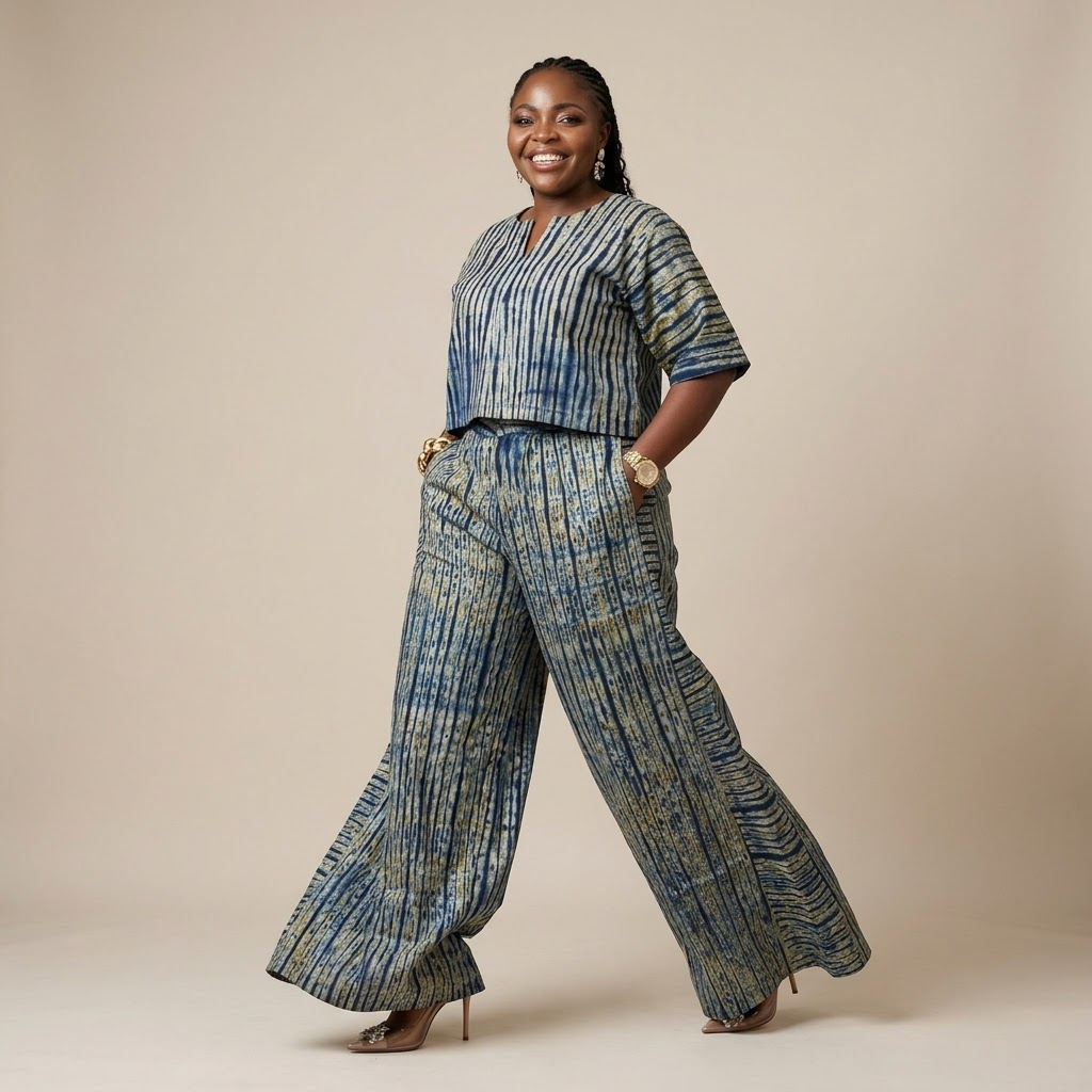 Women's Adire Shibori Print Two-Piece Co-ord Set | Crop Top & Wide Leg Trousers | Ready to Wear | UK Next-Day Delivery
