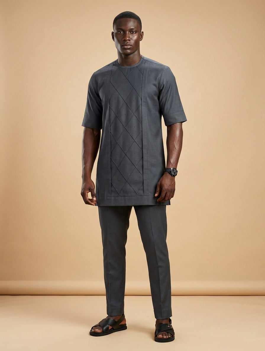 DerightFS Charcoal Grey Men’s Traditional Two-Piece Set – Modern Short Sleeve Tunic & Slim Fit Trousers | Luxury African Menswear