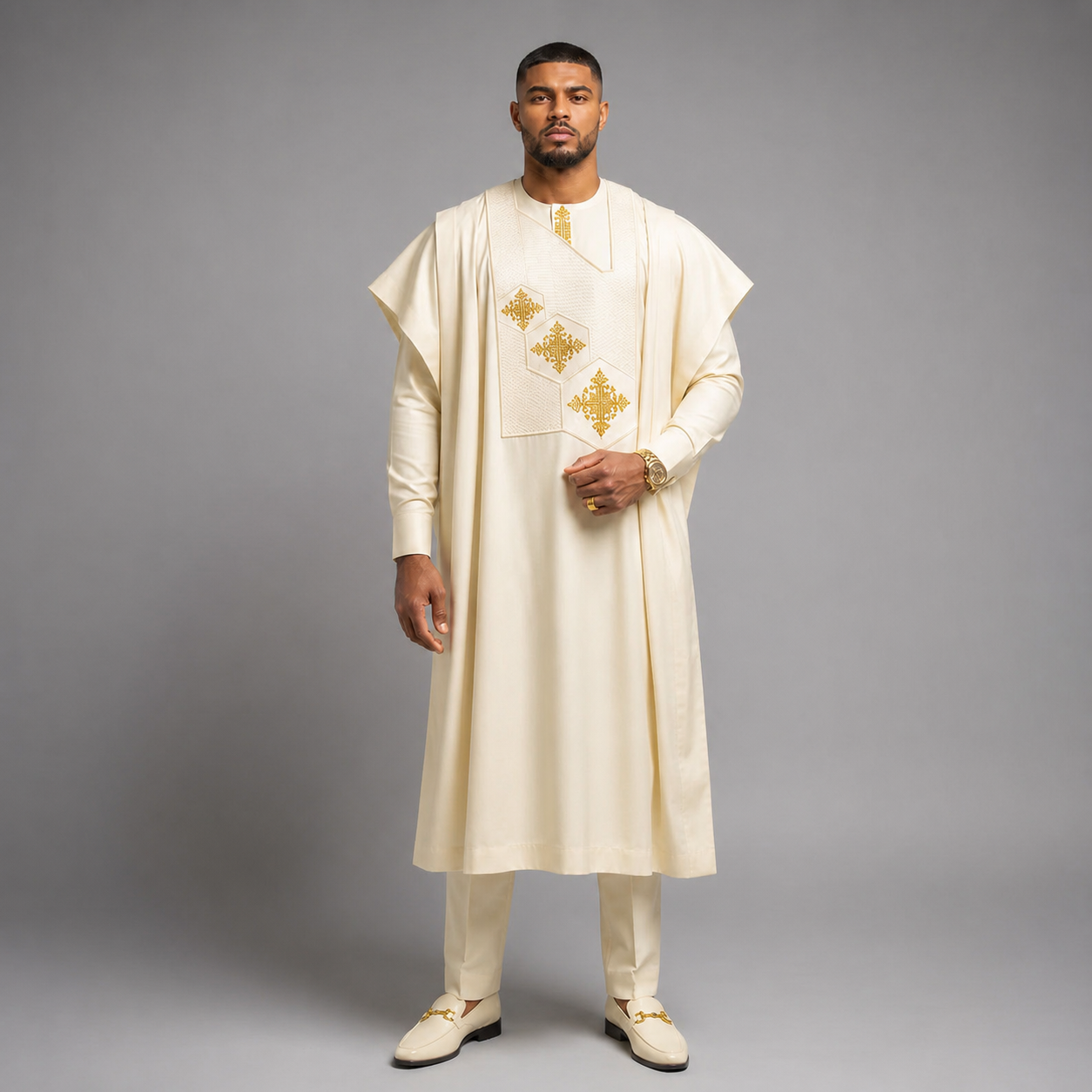 Men's Ivory Gold Embroidered Agbada Set | Bespoke Nigerian Wedding Outfit | 3-Piece Luxury African Attire
