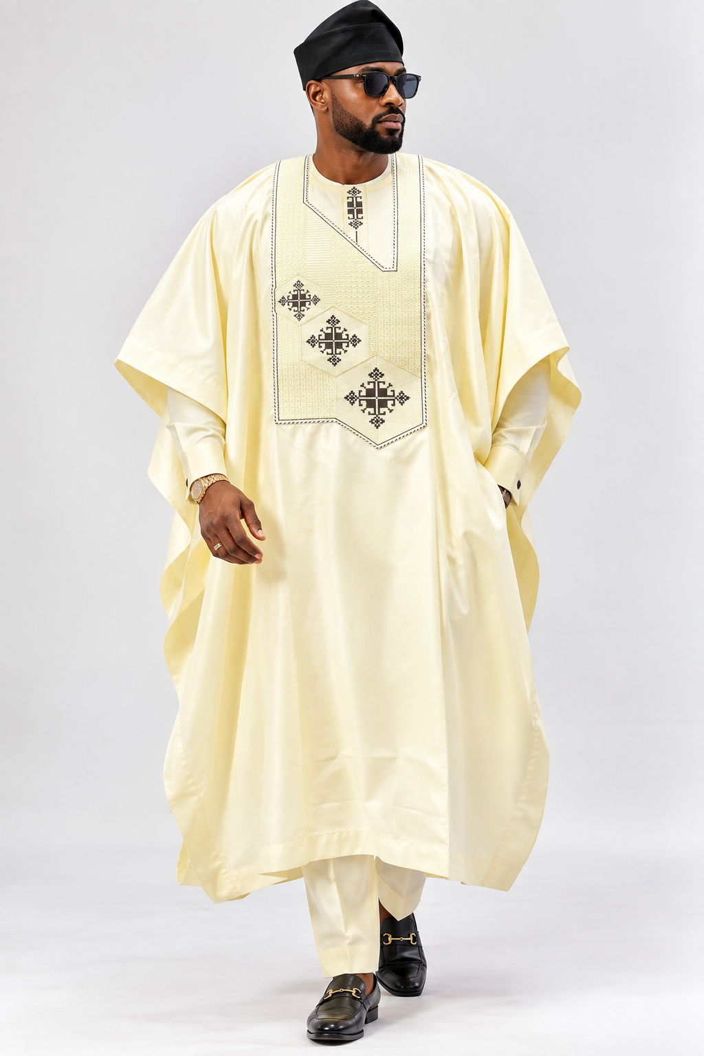 Men's Cream Agbada 3-Piece Set with Brown Embroidery | African Native Wear UK