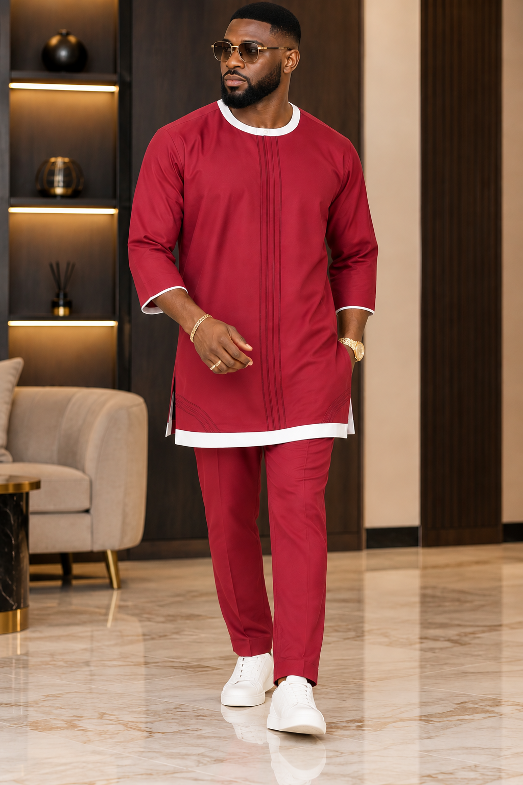 Men's Burgundy Red Two-Piece Kaftan Set – Luxury African Traditional Outfit with White Trim | DerightFS
