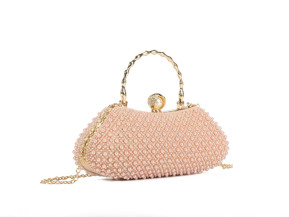 Blush Pearl Beaded Evening Clutch Bag – Luxury Bridal Handbag with Gold Handle & Chain Strap, Elegant Wedding Party Prom Rhinestone Purse for Women