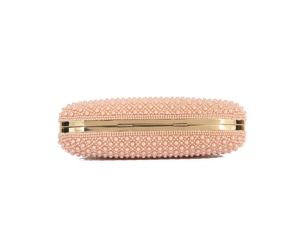 Blush Pearl Beaded Evening Clutch Bag – Luxury Bridal Handbag with Gold Handle & Chain Strap, Elegant Wedding Party Prom Rhinestone Purse for Women