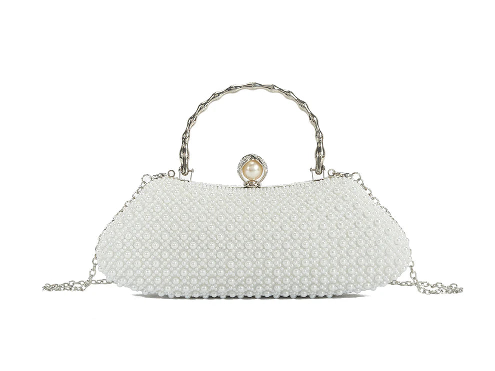 Blush Pearl Beaded Evening Clutch Bag – Luxury Bridal Handbag with Gold Handle & Chain Strap, Elegant Wedding Party Prom Rhinestone Purse for Women