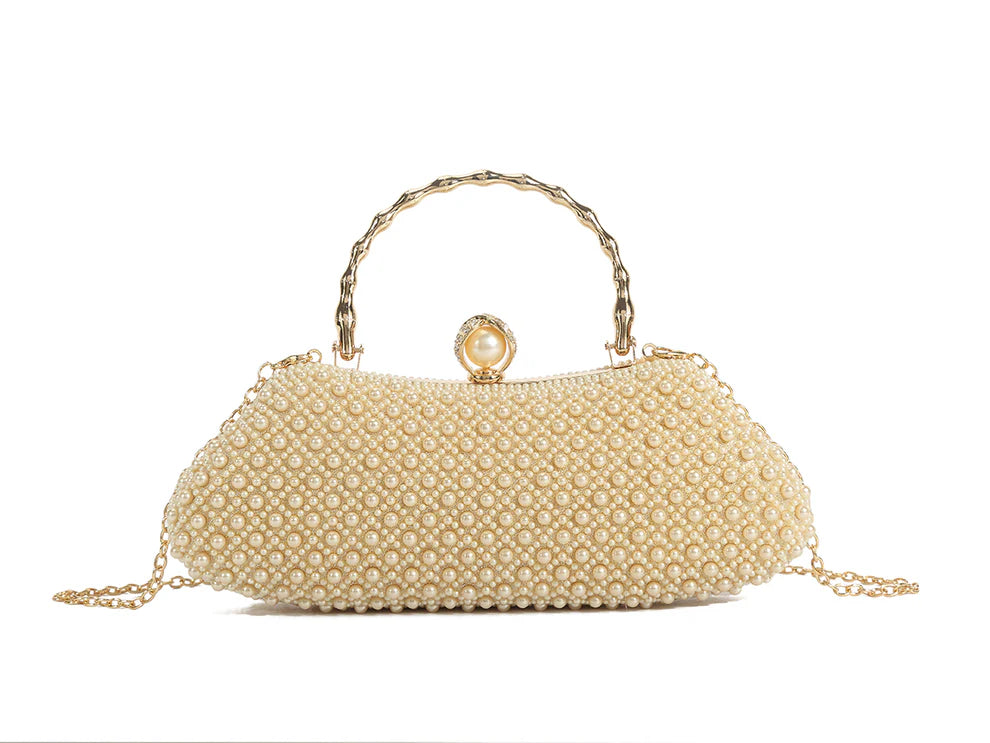 Blush Pearl Beaded Evening Clutch Bag – Luxury Bridal Handbag with Gold Handle & Chain Strap, Elegant Wedding Party Prom Rhinestone Purse for Women
