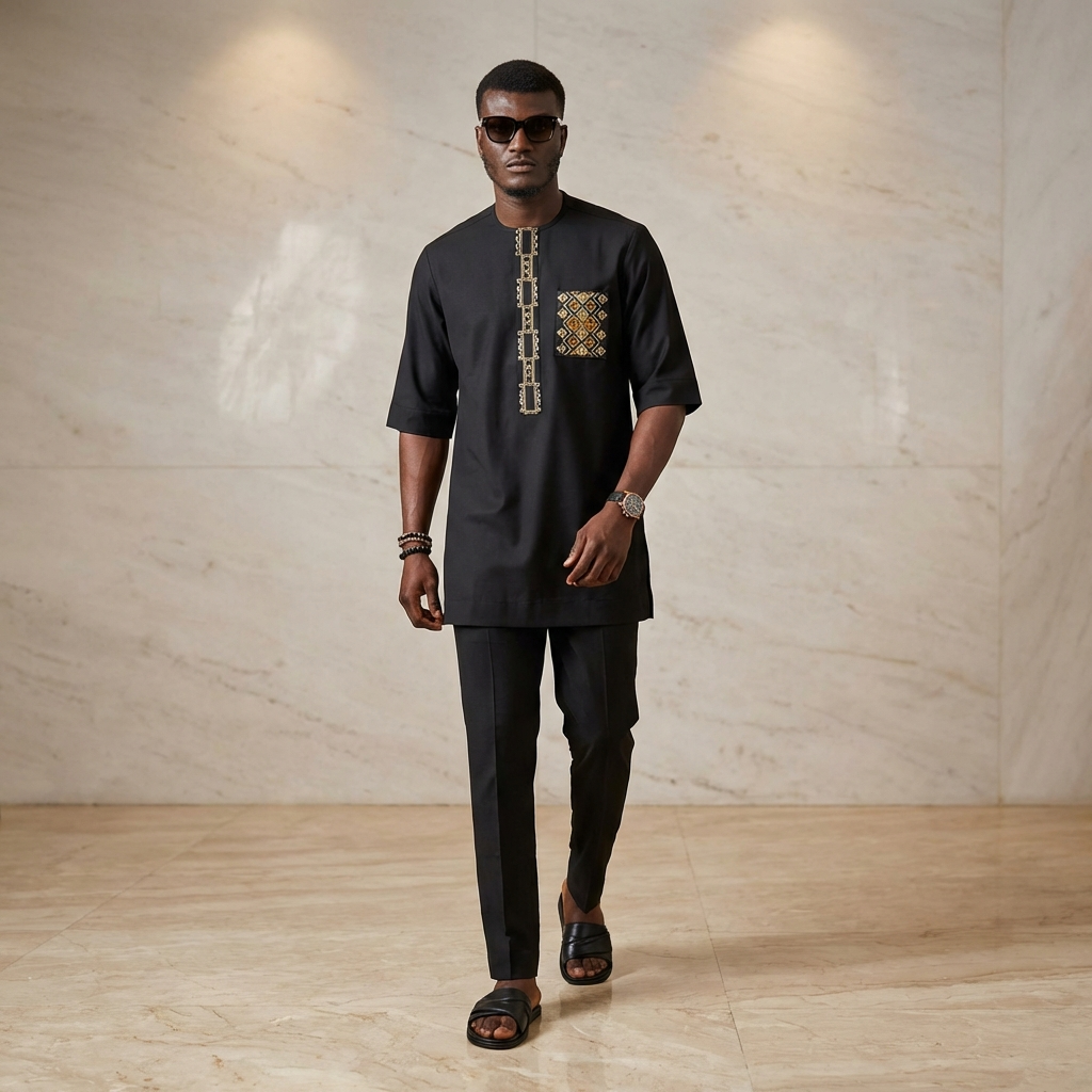 Man wearing a black outfit with gold accents against a neutral background ready to wear.