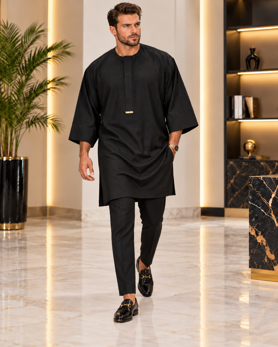 Men's Black Jonkoso Danshiki Two-Piece Set – Luxury Stone-Embellished African Wear | DerightFS