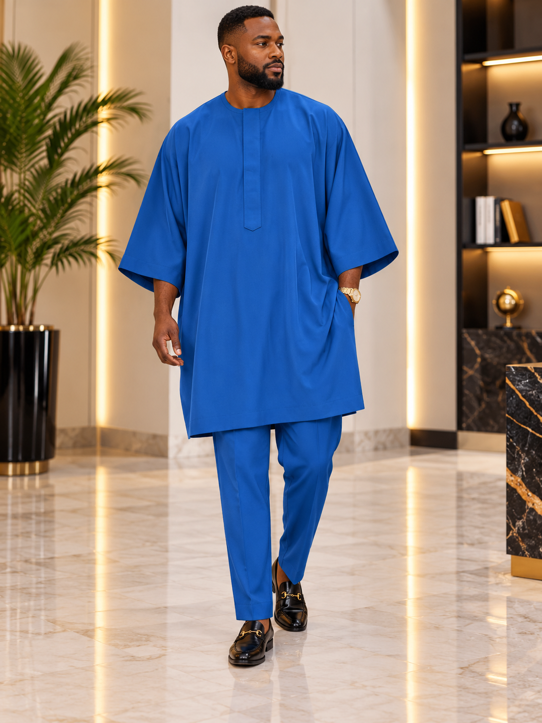 Men's Royal Blue Jonkoso Crepe Danshiki Two-Piece Set – Luxury Relaxed-Fit African Wear | DerightFS