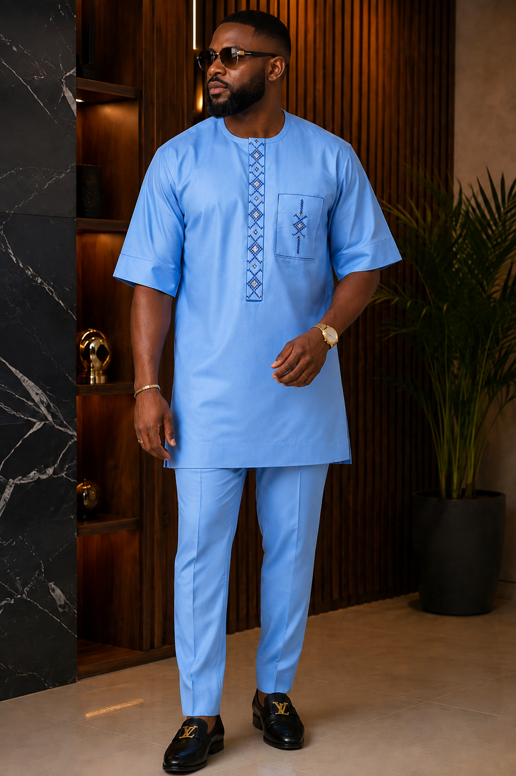 Men's Sky Blue Embroidered Kaftan Two-Piece | Short Sleeve Agbada Set with Trousers