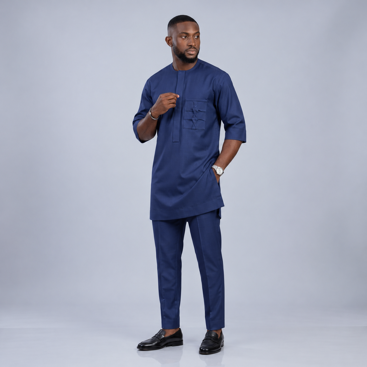 Men's Navy Blue Two-Piece Kaftan Set – Luxury African Senator Wear with Designer Pocket | DerightFS
