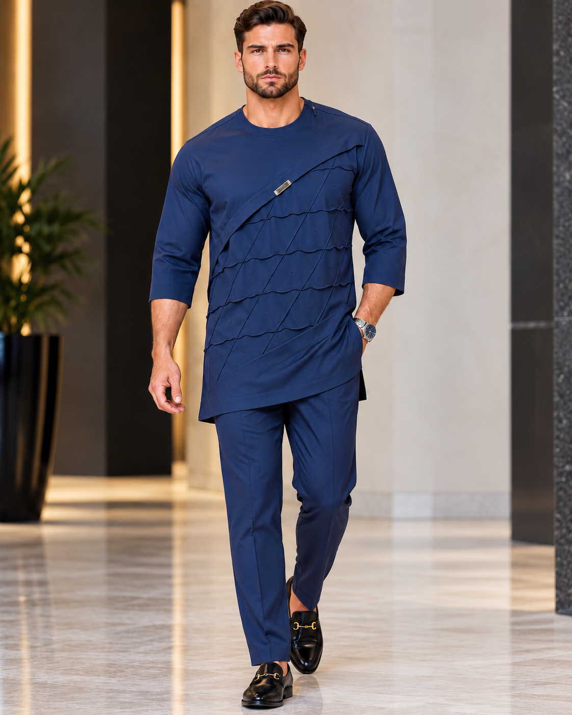 Men's Navy Blue Jonkoso Stone-Embellished Pleated Kaftan Set – Luxury African Menswear | DerightFS