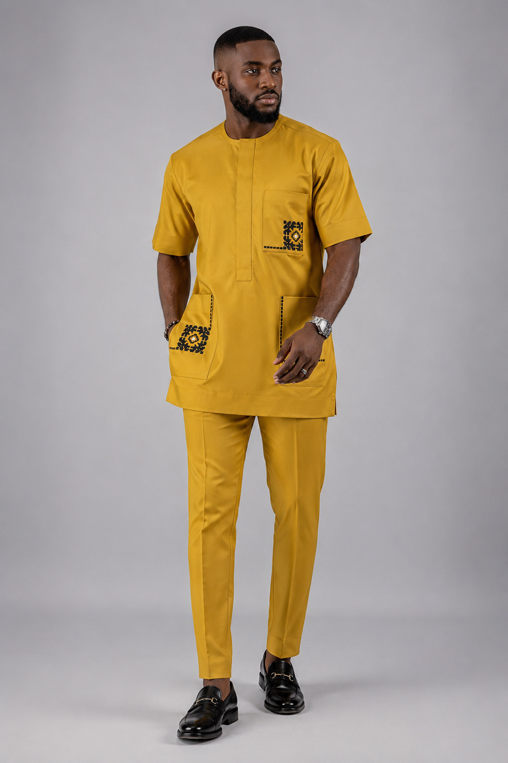 Men's Mustard Yellow Senator Two-Piece Set | Black Embroidery Detail | African Occasion Wear | Deright Fashion Store