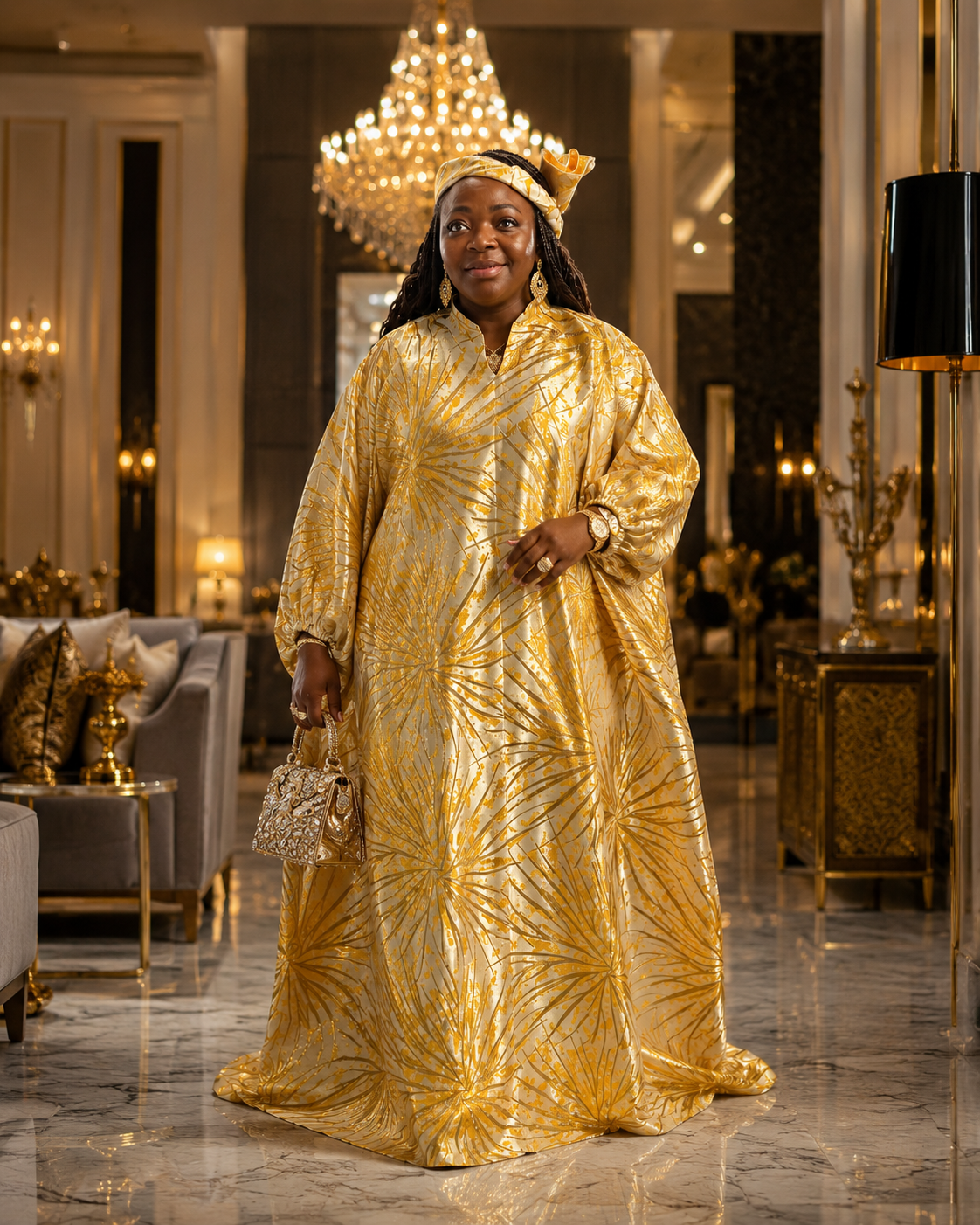 Women's Gold & Cream Metallic Boubou Kaftan | Luxury African Occasion Wear | Wedding Guest Dress | Deright Fashion Store