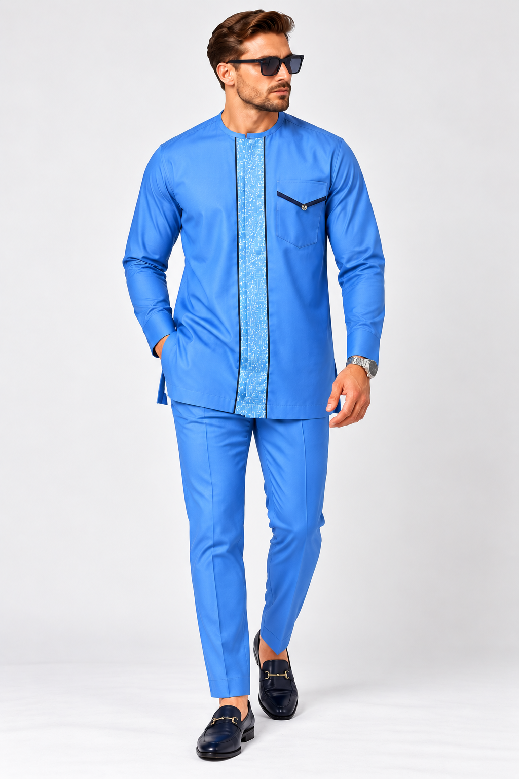 Men's Azure Blue Senator Outfit with Printed Placket – 2-Piece Nigerian Wear