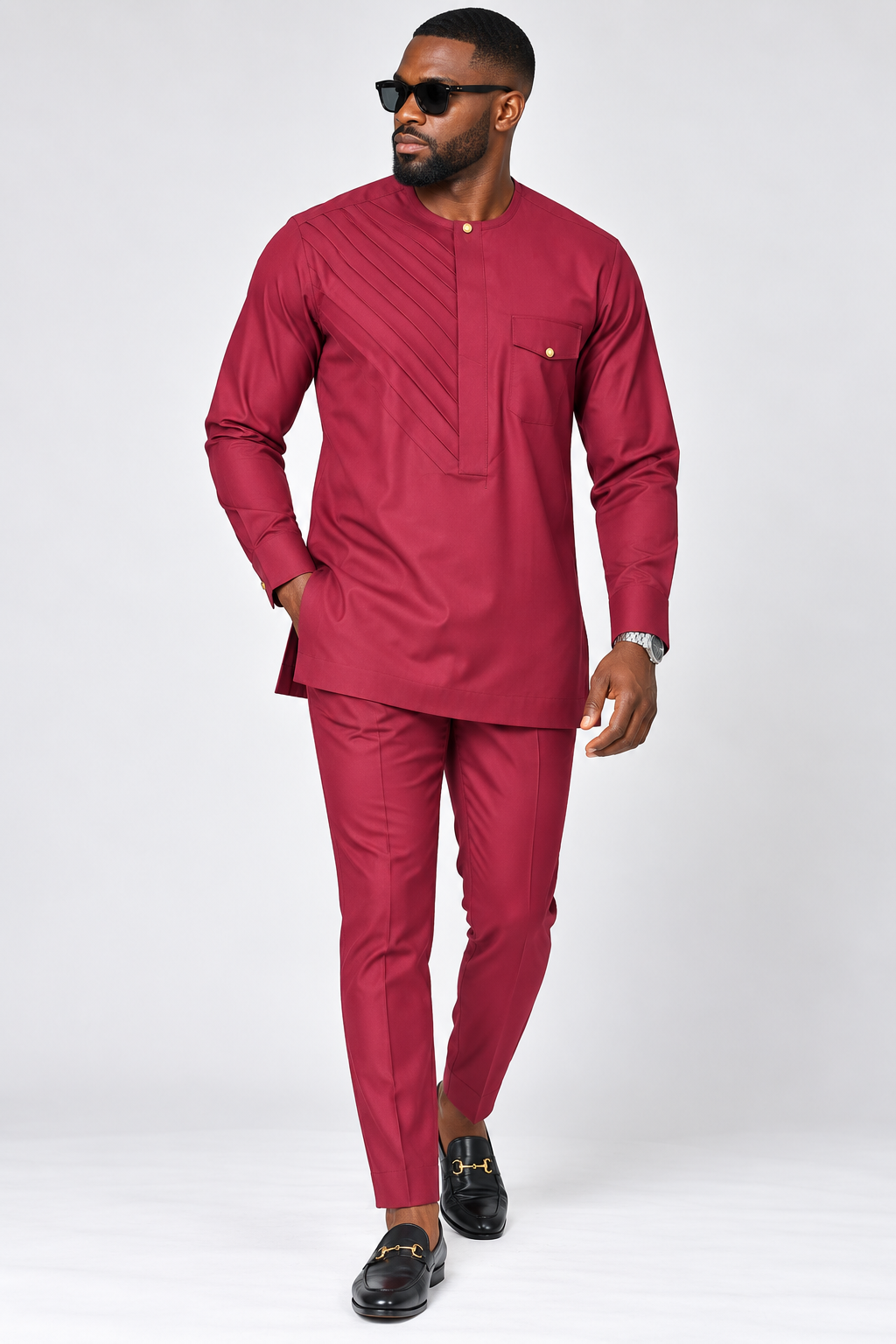 Men's Burgundy Senator Outfit with Pintuck Detail – 2-Piece Nigerian Wear