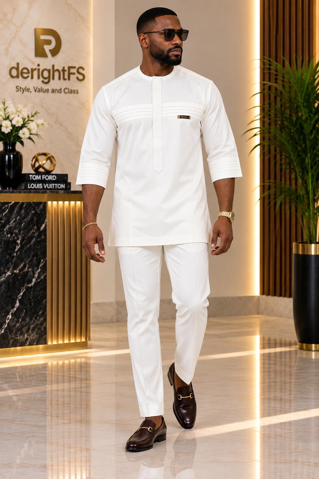 Men's Off-White Pintuck Kaftan Two-Piece | Three-Quarter Sleeve African Tunic Set | Ready to Wear