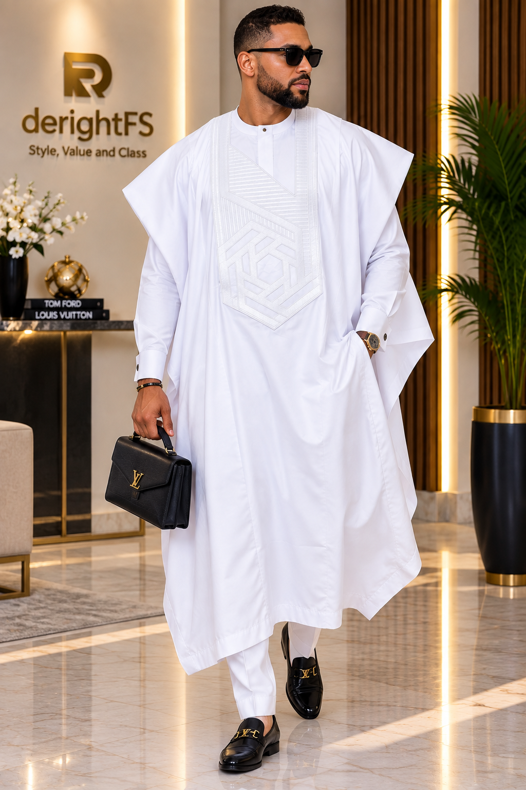 Men's White Embroidered Agbada Three-Piece Set | Traditional African Formal Wear | Ready to Wear