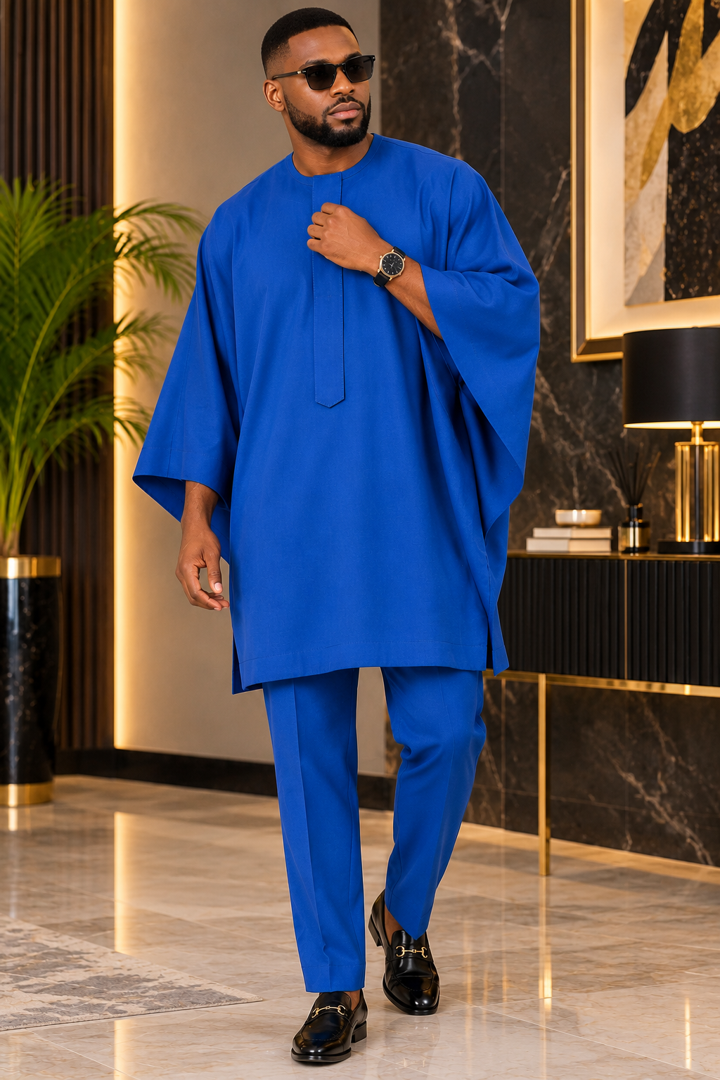 Men’s Cobalt Blue Agbada Kaftan Set with Trousers | Luxury African Wear
