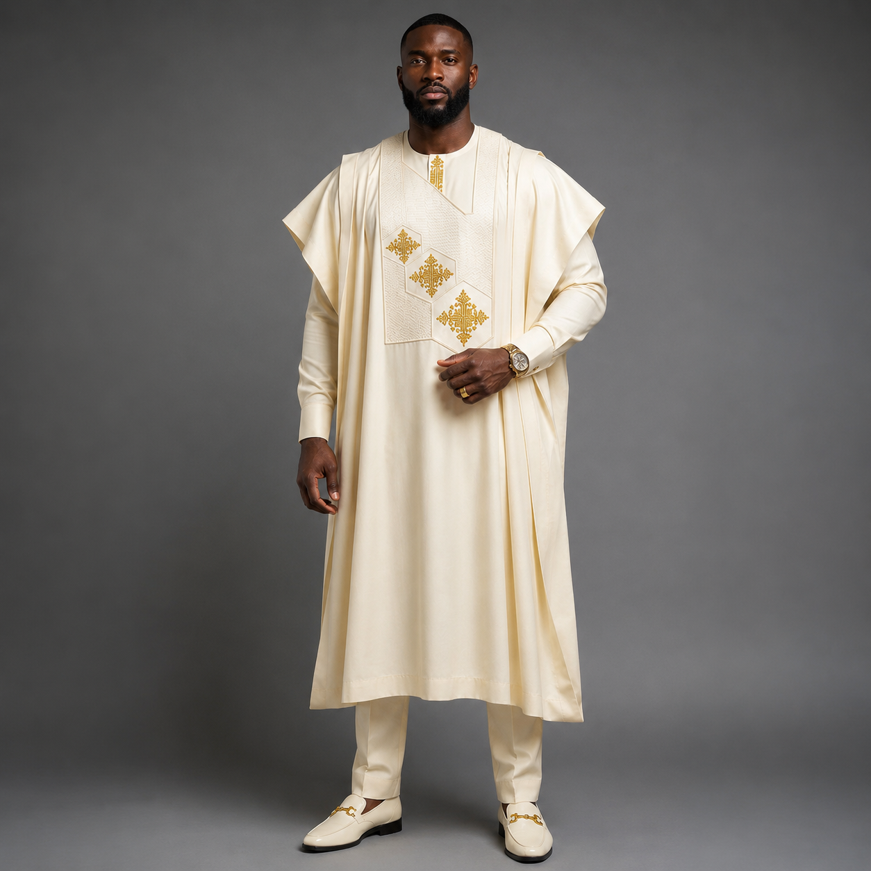 Men's Ivory Gold Embroidered Agbada Set | Bespoke Nigerian Wedding Outfit | 3-Piece Luxury African Attire