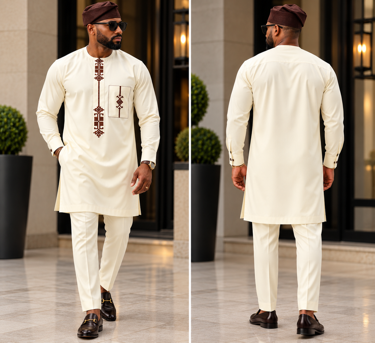 Men's Cream Agbada 3-Piece Set with Brown Embroidery | African Native Wear UK